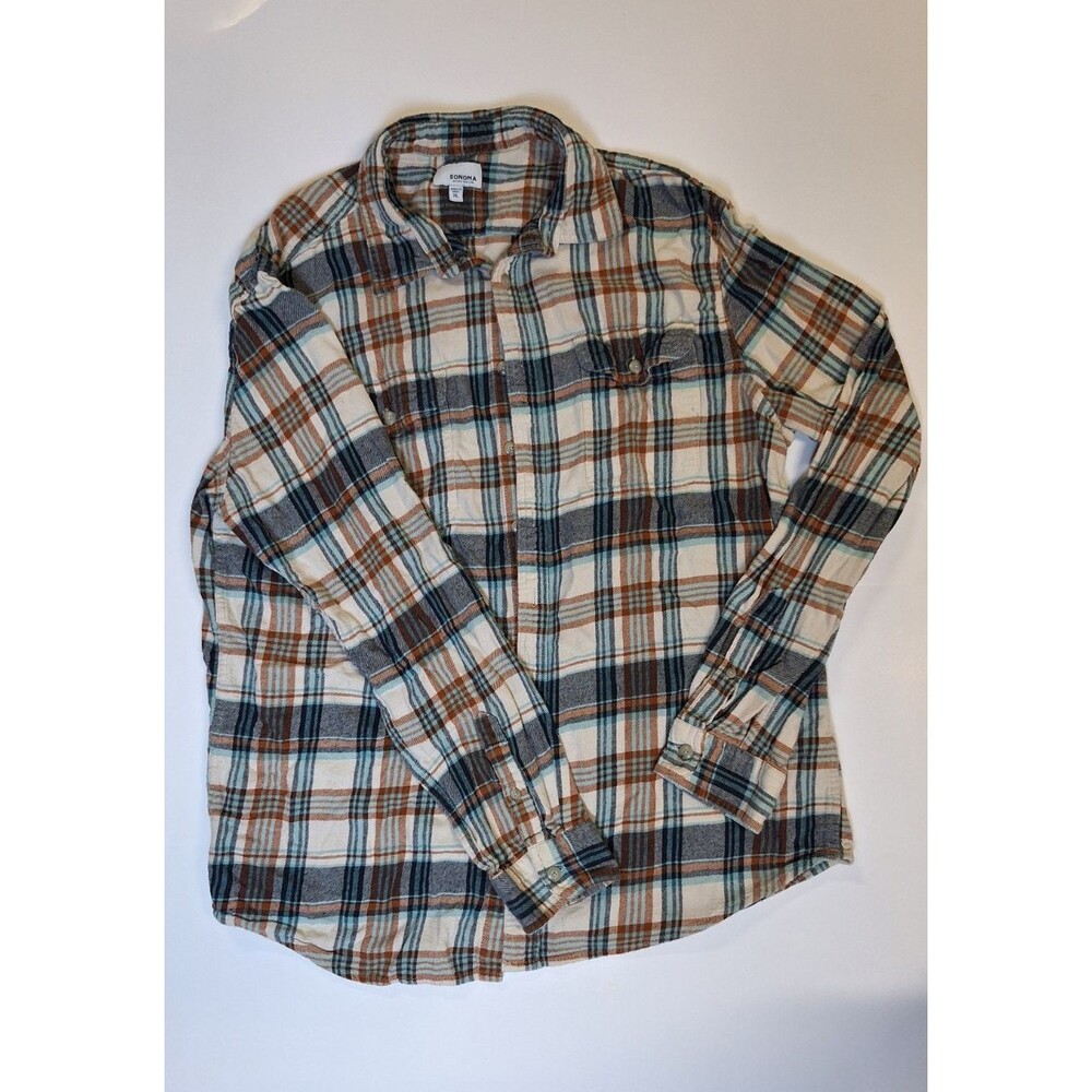 Sonoma Men’s Plaid Flannel Long Sleeve Button-Up Point Collar Pockets XL